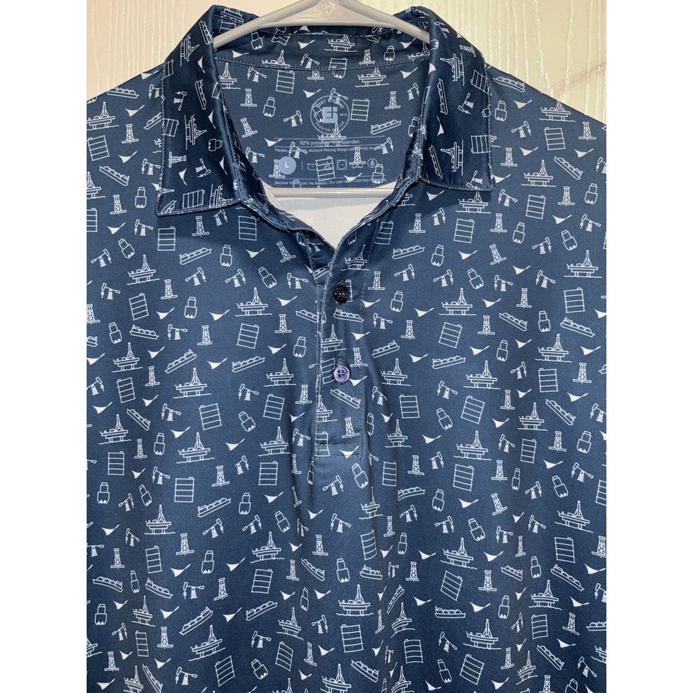 Coby Stevens Men's Golf Polo Size L UPF 50+ Work Logo Stretch Blue Full Print - Picture 2 of 6